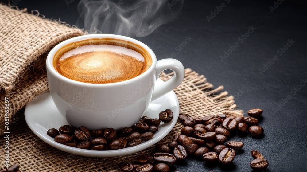 Obraz premium Pouring fresh coffee into cup, steaming, dark rustic setting