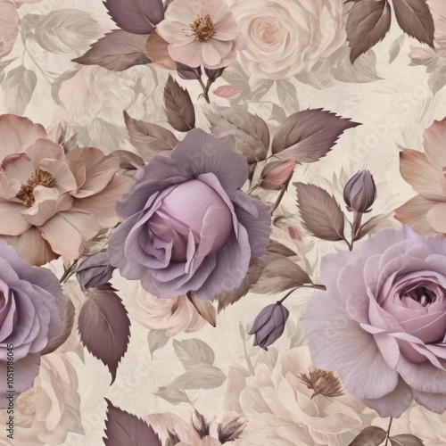 Seamless texture of vintage flowers in lavender, light pink, and beige tones.