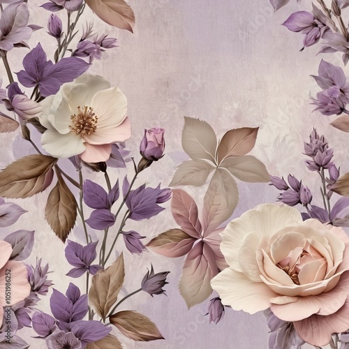 Seamless texture of vintage flowers in lavender, light pink, and beige tones.