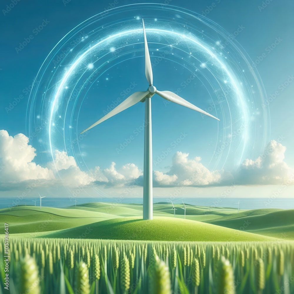 Obraz premium A serene landscape featuring a wind turbine surrounded by lush fields, symbolizing renewable energy and sustainable development.