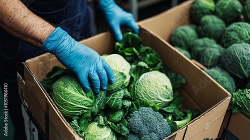 Hydroponic cabbage is packed in a factory plant using a conveyor line. photo