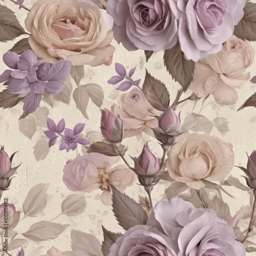Seamless texture of vintage flowers in lavender, light pink, and beige tones.