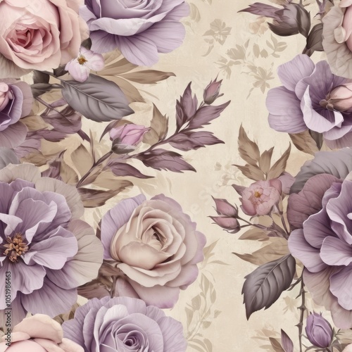 Seamless texture of vintage flowers in lavender, light pink, and beige tones.