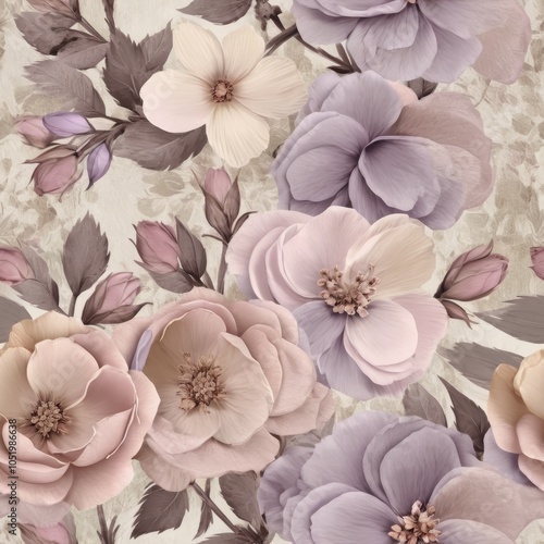 Seamless texture of vintage flowers in lavender, light pink, and beige tones.