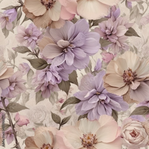 Seamless texture of vintage flowers in lavender, light pink, and beige tones.