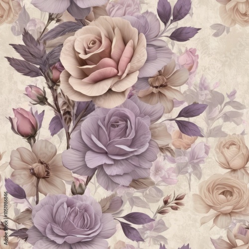 Seamless texture of vintage flowers in lavender, light pink, and beige tones.