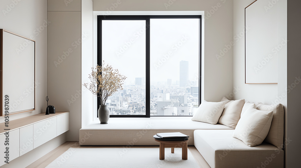Fototapeta premium Modern living room with large window, natural light, and minimalistic decor.