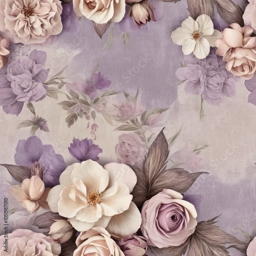 Seamless texture of vintage flowers in lavender, light pink, and beige tones.