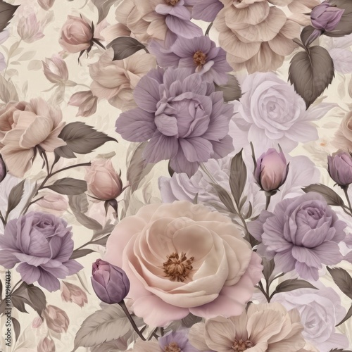 Seamless texture of vintage flowers in lavender, light pink, and beige tones.