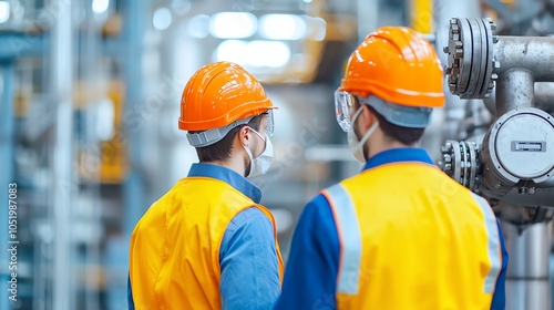 Two workers in safety gear monitor industrial equipment in a factory, emphasizing teamwork and safety in a bustling production environment.