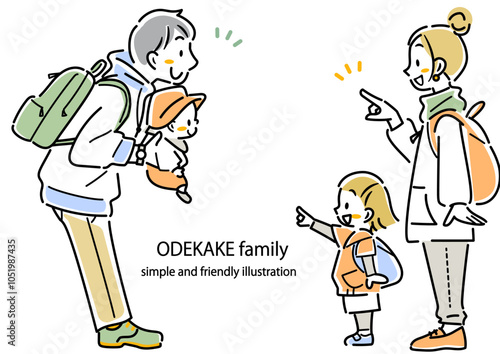 ハイキングへ出かける若い家族　カラフルでお洒落な線画イラスト