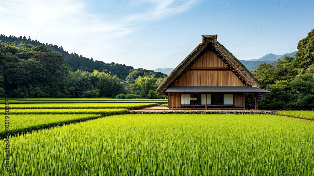 Traditional Japanese house beside green rice fields under clear blue sky. Traditional Japanese house beside green rice fields under clear blue sky.