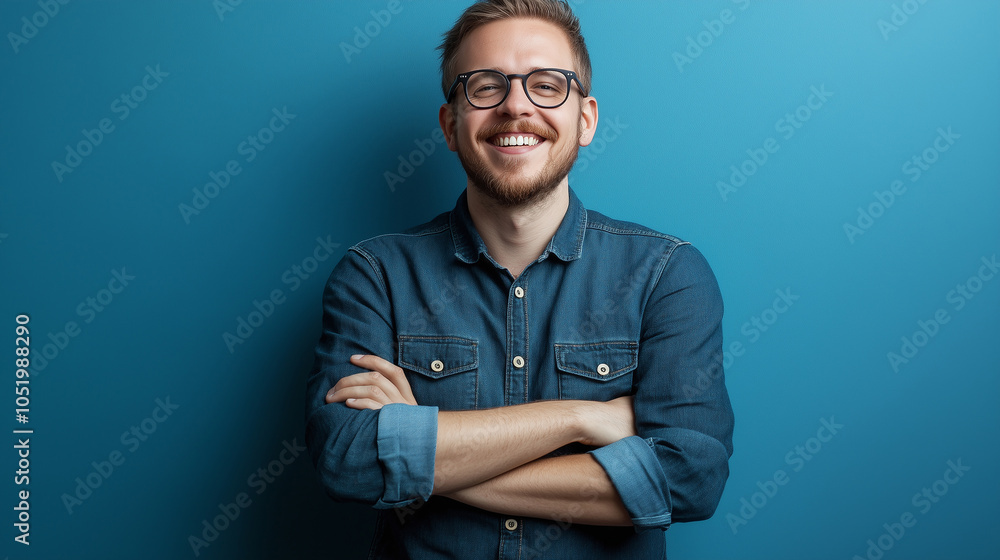 Happy fashionable handsome man in jeans and shirt smiling confidently with arms crossed against a clean white background, representing style and positivity in contemporary fashion. Happy fashionable handsome man in jeans and shirt smiling confidently with arms crossed against a clean white background, representing style and positivity in contemporary fashion.