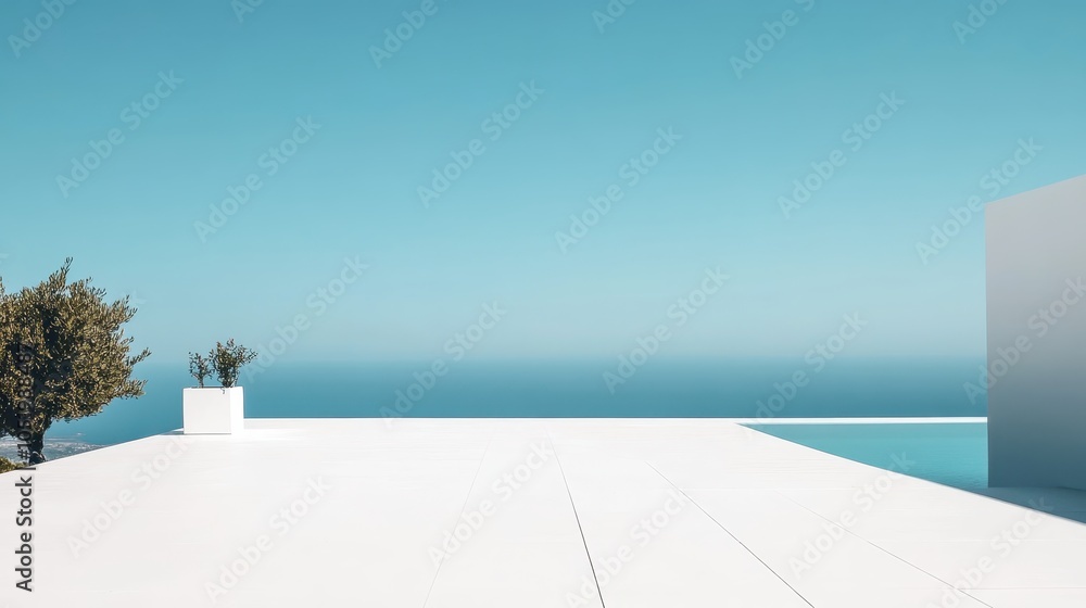 A serene outdoor space featuring minimalist architecture, clear blue skies, and panoramic ocean views, perfect for relaxation. A serene outdoor space featuring minimalist architecture, clear blue skies, and panoramic ocean views, perfect for relaxation.