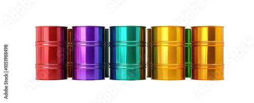 A row of colorful metal barrels in vibrant shades of red, purple, blue, green, and yellow set against a white background. transparent background photo