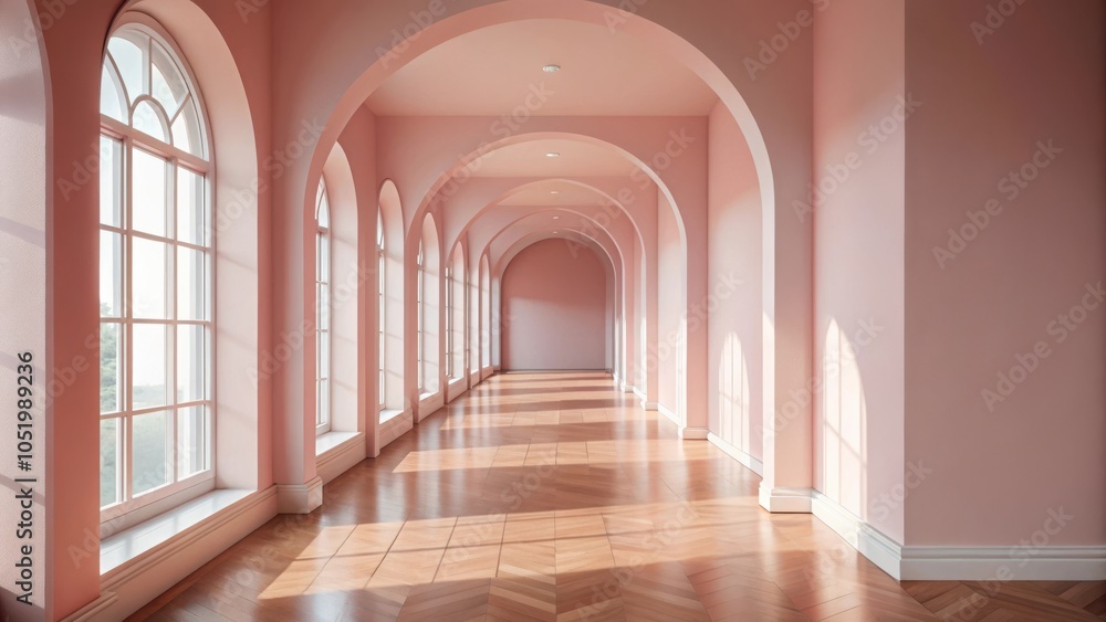 Empty light pink hall with arched windows, minimalist interior design concept