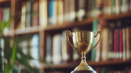 Classic golden trophy cup positioned before a blurred bookshelf symbolizing academic success photo