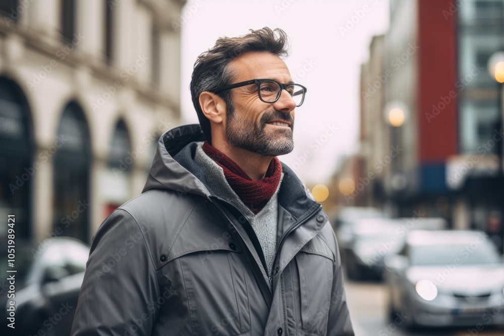 Portrait of handsome bearded man wearing eyeglasses and coat in the city. Portrait of handsome bearded man wearing eyeglasses and coat in the city.