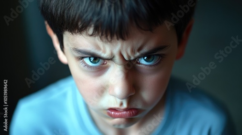 Portrait of an upset boy expressing anger showcasing child aggression with a close up view of his face directed at the camera photo