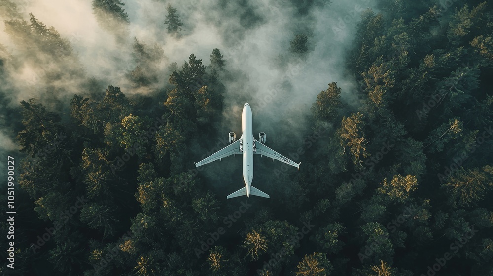 Naklejka premium White airplane flying over green trees, creating an aerial view of the airplane using sustainable biofuels