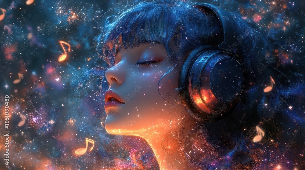 anime girl absorbed in lofi hip hop music, immersed in a dreamy world with vibrant colors, adorned with oversized headphones and a whimsical background of floating musical notes and stars