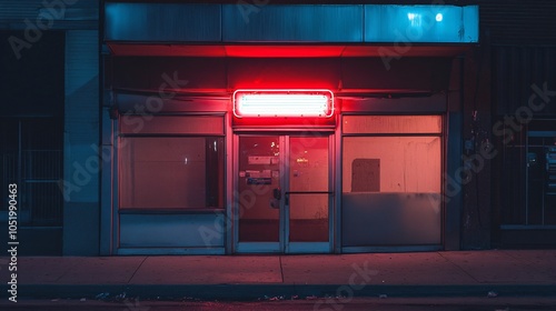 Neon-lit empty storefront with sign, economic downfall photo