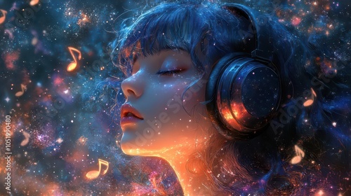 Obraz na płótnie anime girl absorbed in lofi hip hop music, immersed in a dreamy world with vibrant colors, adorned with oversized headphones and a whimsical background of floating musical notes and stars w salonie