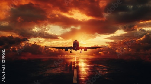 Airplane ascending from a runway against a stunning sunset sky with passengers onboard as it prepares for departure amidst dramatic clouds Travel and adventure theme