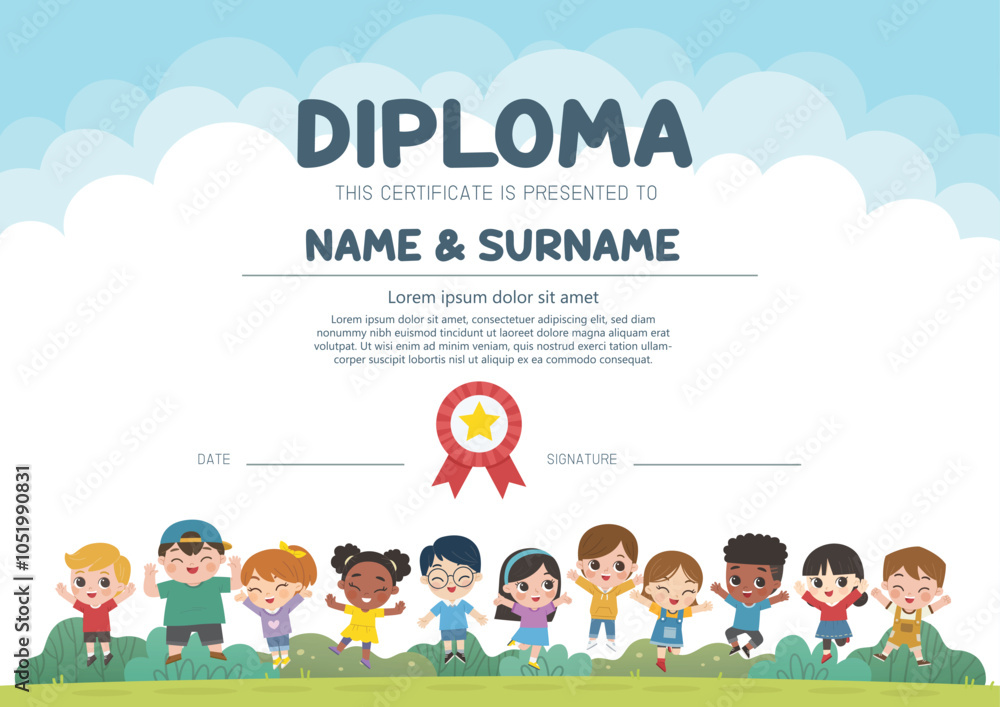 Group of Happy boys and girls standing and jumping on the park. Children's activities. Template for Certificate kids diploma. Group of Happy boys and girls standing and jumping on the park. Children's activities. Template for Certificate kids diploma.