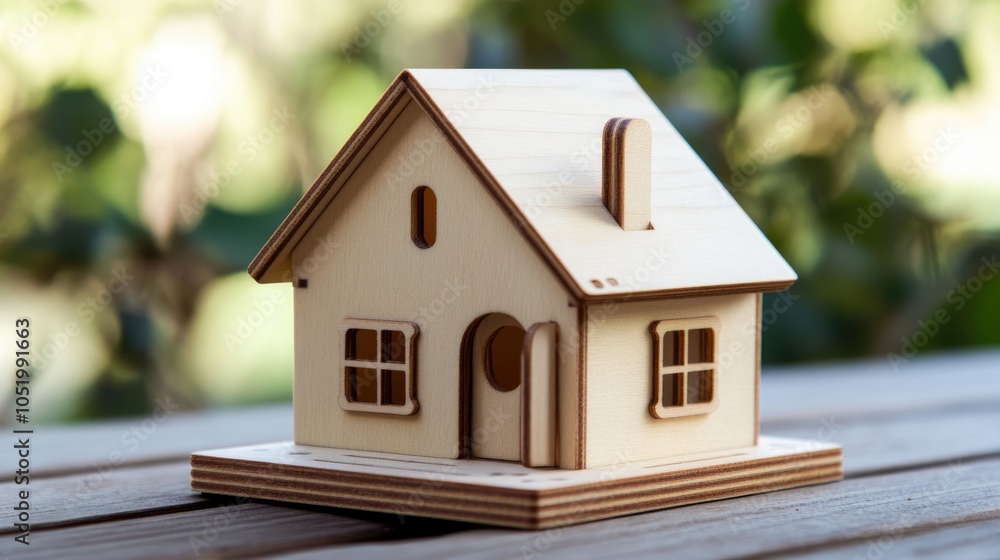Wooden toy house displayed on a wooden surface Wooden toy house displayed on a wooden surface