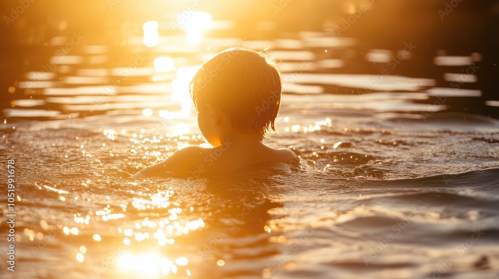 Young child swimming in a sunlit lake showcasing the warm glow of golden hour reflections Young child swimming in a sunlit lake showcasing the warm glow of golden hour reflections