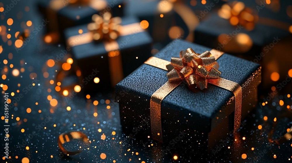 chic black gift boxes adorned with golden ribbons shimmering against a dark blue backdrop, illuminated by warm orange lights, capturing the spirit of gifting chic black gift boxes adorned with golden ribbons shimmering against a dark blue backdrop, illuminated by warm orange lights, capturing the spirit of gifting