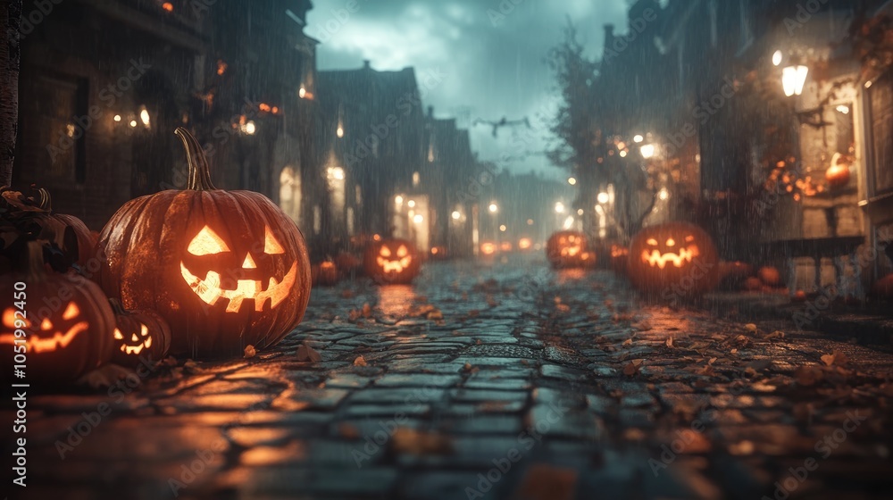 Carved Halloween pumpkins illuminate a cobblestone street on a foggy night surrounded by dim streetlights and an eerie spooky atmosphere Carved Halloween pumpkins illuminate a cobblestone street on a foggy night surrounded by dim streetlights and an eerie spooky atmosphere
