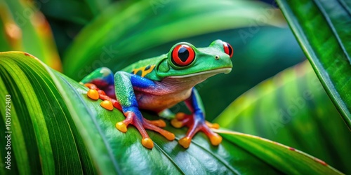 Vivid Tree Frog Camouflaged in Lush Rainforest Foliage with Vibrant Colors and Patterns