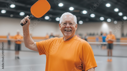 Amateur pickleball player smiling, showcasing enthusiasm and energy photo