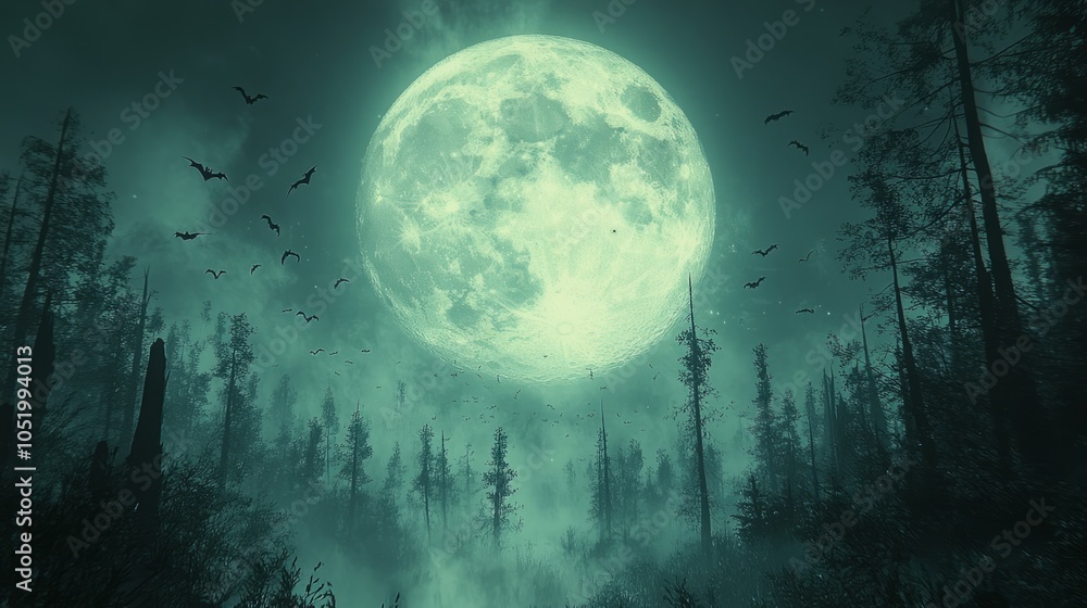 Moonlit Haunting: A Halloween Forest Scene with Eerie Ambience and Flying Bats Moonlit Haunting: A Halloween Forest Scene with Eerie Ambience and Flying Bats