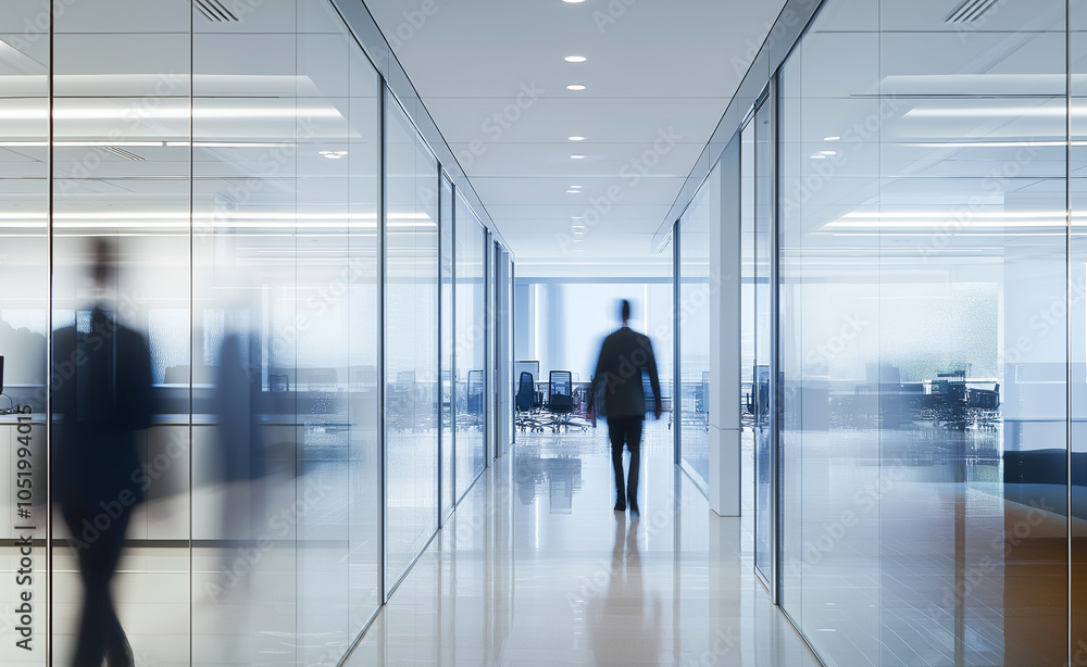 Modern office hallway with glass walls and blurred figures walking, creating a professional, open atmosphere. Modern office hallway with glass walls and blurred figures walking, creating a professional, open atmosphere.