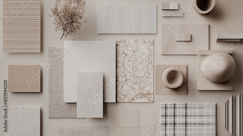 Architect moodboard with samples of textiles, panels, and tiles in neutral tones