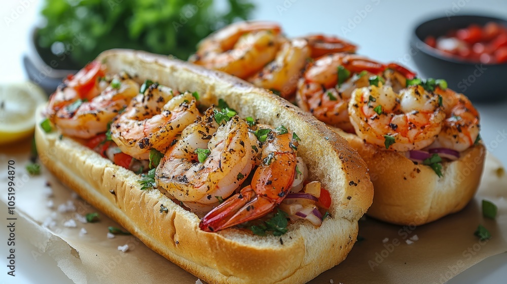 Delicious lobster roll and shrimp seafood sandwich on a toasted hot dog bun, garnished with salt and pepper, showcased on a clean white background for a fresh and appetizing look Delicious lobster roll and shrimp seafood sandwich on a toasted hot dog bun, garnished with salt and pepper, showcased on a clean white background for a fresh and appetizing look