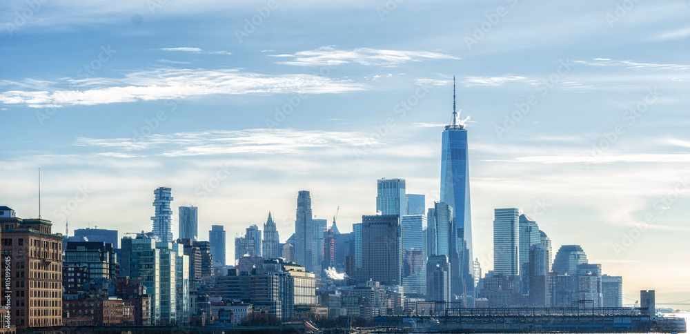 Fototapeta premium New York, United States. Lower Manhattan skyline. NY, Panorama view of New York city skyline in Midtown Manhattan.
