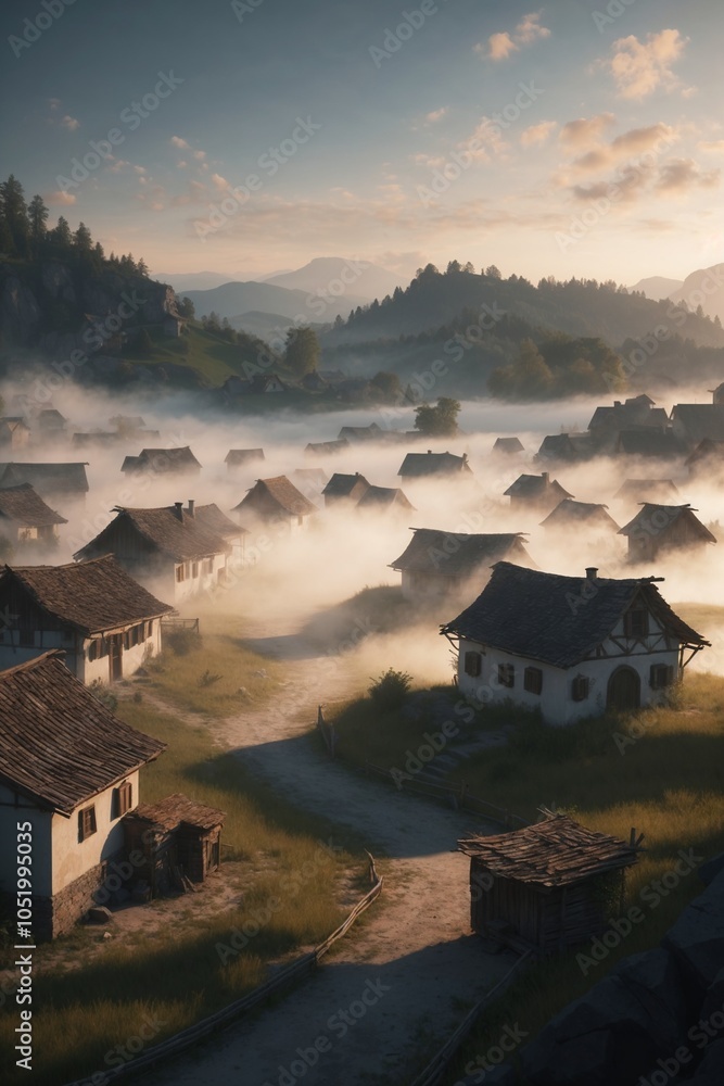 Fototapeta premium Village surround with Fog at noon