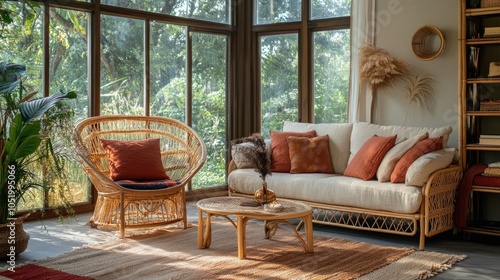 Boho interior design of living room with sofa and rattan armchair