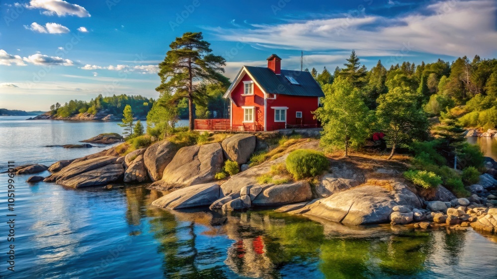Fototapeta premium Red house on rocky shore with stunning views of Ruissalo Island in Finland
