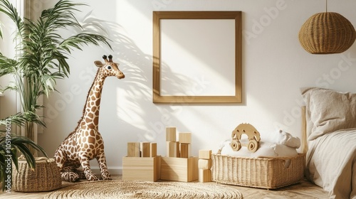 Child's room with a mock-up photo frame, plush giraffe, wooden toys, boxes, blocks, wall decorations, and bright sunny interior