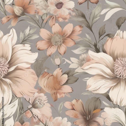 Seamless vintage floral design with faded flowers in soft, muted tones.