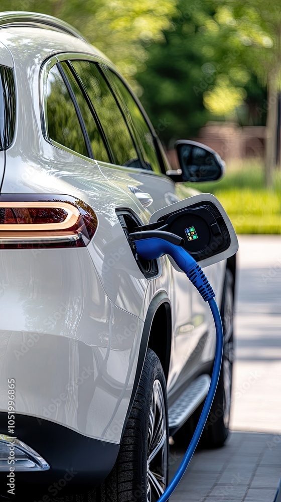 Fototapeta premium An electric vehicle connects to a charging station in sunlight, with vibrant grass and flowers framing the surroundings