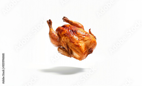 A close-up of four roasted chicken drumsticks arranged on a white background. The chicken is golden-brown and juicy, with a slight glaze that makes it look tender and flavorful. Small garnishes of fre photo