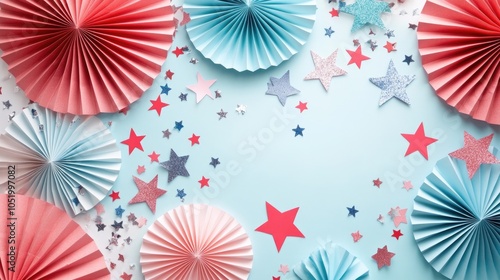 Festive background featuring paper fans and star confetti in red white and blue ideal for celebrations and patriotic themes Flat lay top view banner design