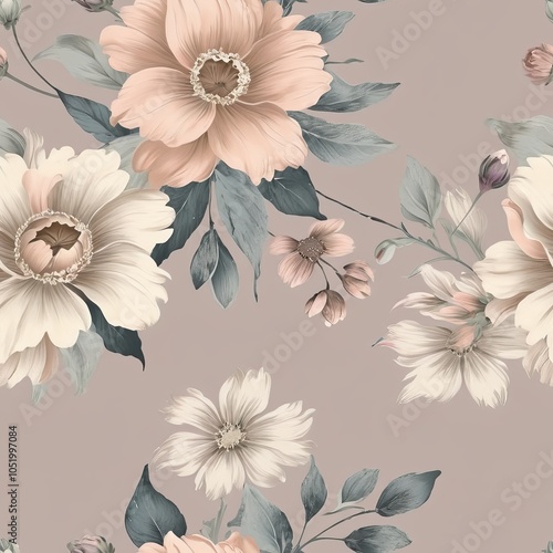 Seamless vintage floral design with faded flowers in soft, muted tones.