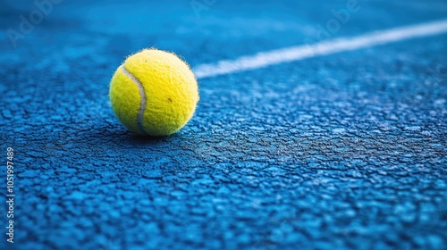 Yellow tennis ball on a textured blue court surface ready for action in a game of skill and strategy photo